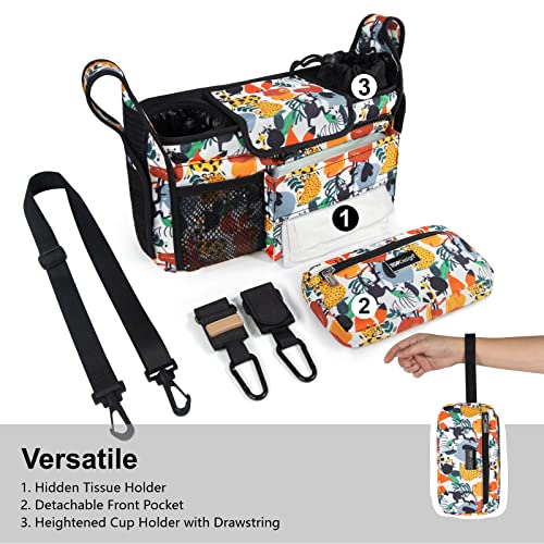 TOPDesign Universal Baby Stroller Organizer, Stroller Caddy with Heightened Insulated Cup Holders & Non-Slip Secure Hooks Accessories, Fits Most Strollers, Machine Washable (Zoo) - color: Zoo, style: Basic