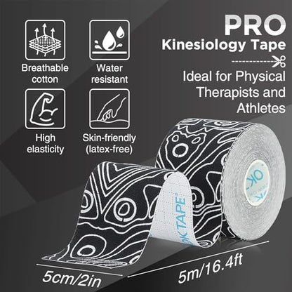 OK TAPE PRO Kinesiology Tape Uncut Roll Bulk, Elastic Physical Therapy Tape - color: Black B, size: 4 pack