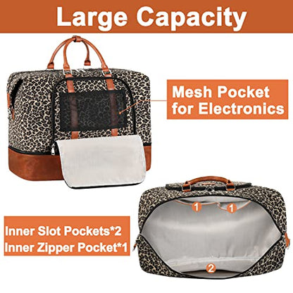 TIBES Travel Weekender Bag for Women, Overnight Bag with Shoe Compartment - color: E-Brown Leopard 3pcs