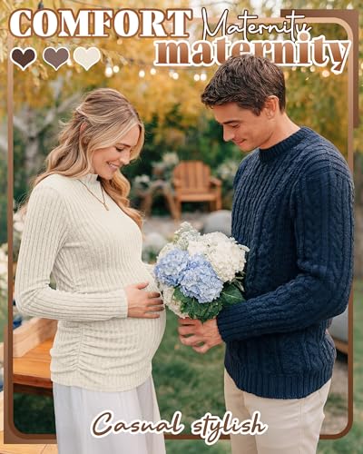 Neer 3 Pack Women's Maternity Mock Turtleneck Long Sleeve Tops - color: Apricot, Coffee, Brown, size: Medium