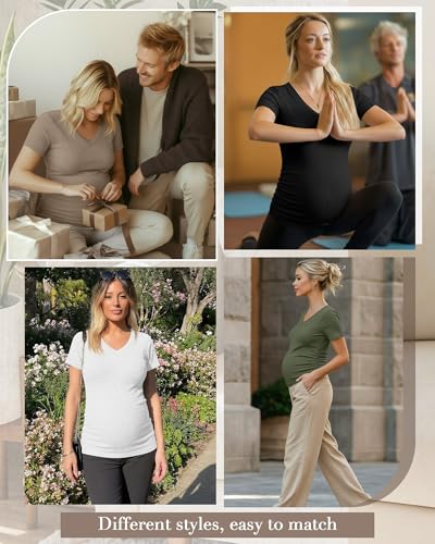 Neer 4 Pack Women's Maternity Shirts Short Sleeve - color: Black, Light Heather Gray, Light Coffee, Army Green, size: Small