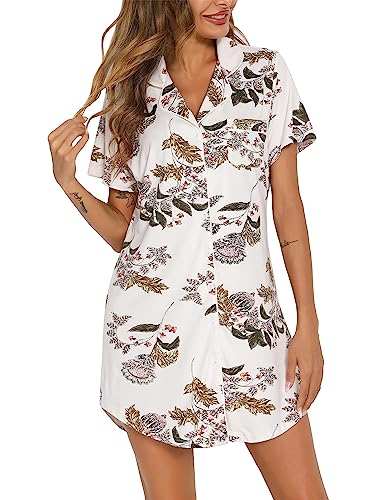 Pjmlifecoco Women's Button Down Nightgown Short Sleeve Sleep Shirt - color: White Maple Flower, size: Small