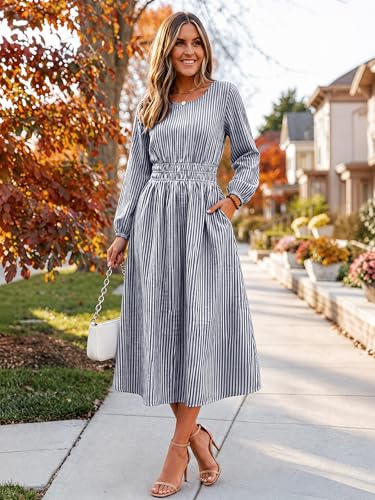 ANRABESS Women's Long Sleeve Striped Fall Midi Dress with Pockets - color: Navy White Stripe, size: Small