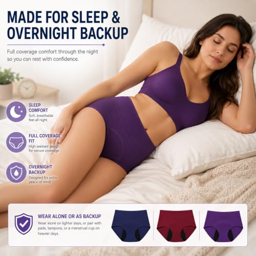 Period Underwear for Women, Leak Proof Menstrual Panties Multi-pack, High Waisted Cotton Full Coverage Briefs - color: Everyday Basics 3-pack, size: XX-Large