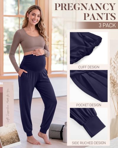 Neer 3 Pack Maternity Joggers Lounge Sweatpants with Pockets - color: Black, Dark Heather Gray, Navy Blue, size: X-Large