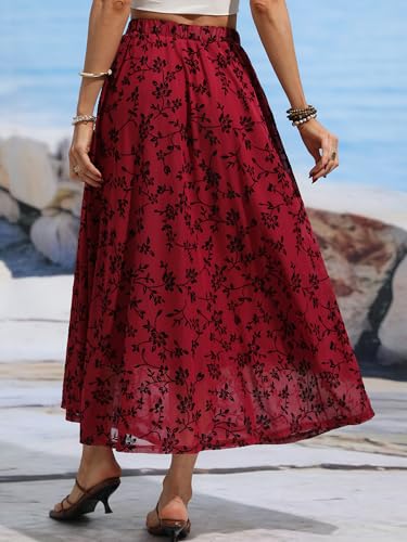 ELLEVEN Women’s Boho Floral Mesh Maxi Skirt - color: Burgundy, size: Medium