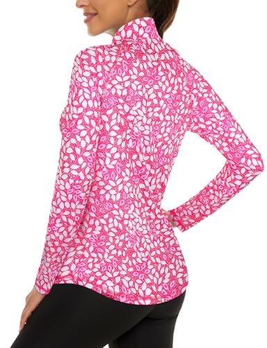 LURANEE Womens UPF 50+ Long Sleeve 1/4 Zip Pullover Athletic Hiking Running Workout Tops - color: White Leaf Pink, size: Small
