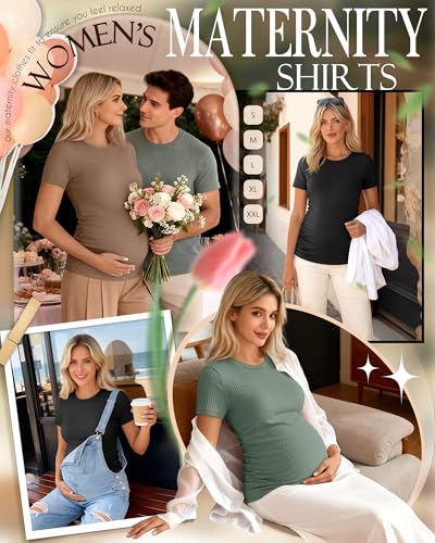 Ficerd 3 Pack Women's Short Sleeve Maternity Shirts - color: Black, Light Coffee, Gray Green, size: Small