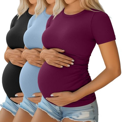 Ficerd 3 Pack Women's Short Sleeve Maternity Shirts - color: Black, Light Blue, Fuchsia, size: Large