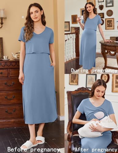 Ekouaer Womens Nursing Dress Breastfeeding Summer V Neck Maternity Dresses - color: Grey Blue, size: Small