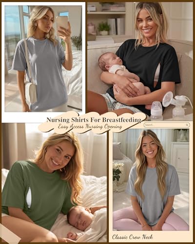 Riyiper 3 Pack Women's Nursing Short Sleeve Shirts - color: Army Green, Light Gray, Black, size: XX-Large