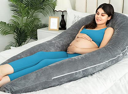 QUEEN ROSE 65 Inch U Shaped Pregnancy Body Pillow for Sleeping,Gray Velvet - color: Grey