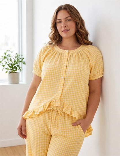 Gingham Cotton Pajamas for Women 2 Piece Cute Ruffle Plaid PJS Set Lounge - color: Yellow, size: X-Large