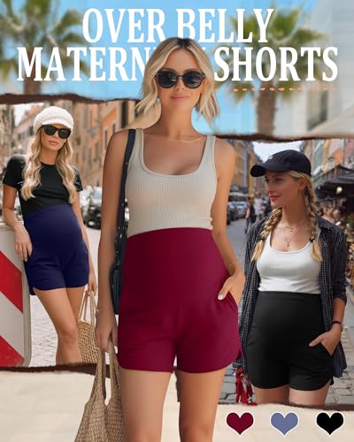 3 Pack Women's Maternity Shorts - color: Wine Red, Navy Blue, Black, size: Large
