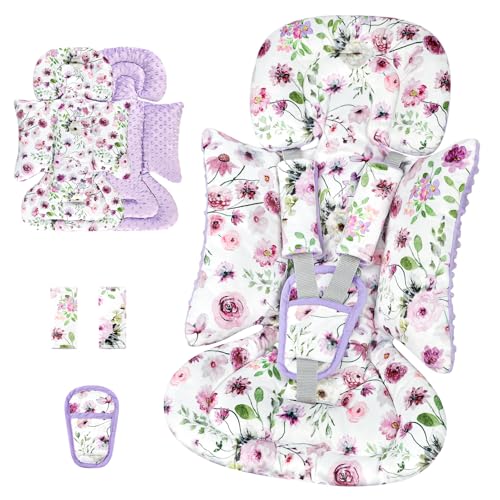 GFU 3-in-1 Infant Car Seat Insert, Soft Head and Body Support,Ultra & Strap Covers Set, Reversible Newborn Car Seat Cushion Pad for Baby Boy & Girl fits Stroller, Swing, Bouncer (Purple) - color: Purple Flowers