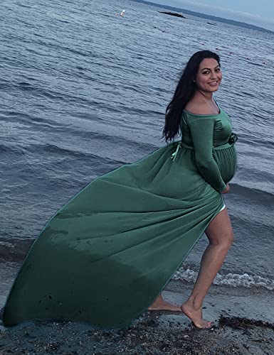 Maternity Off Shoulder Chiffon Gown Long Sleeve Front Split Maxi Photography Dress for Photoshoot - color: Dark Green, size: Small