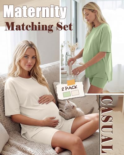 Huukeay 2 Pack Women Maternity Set Pregnancy Outfits - color: Mint Green, Cream, size: X-Large