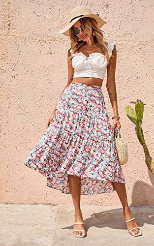 PRETTYGARDEN Women's Ditzy Floral Print Midi Skirt High Low Hem - color: Blue Red, size: X-Large