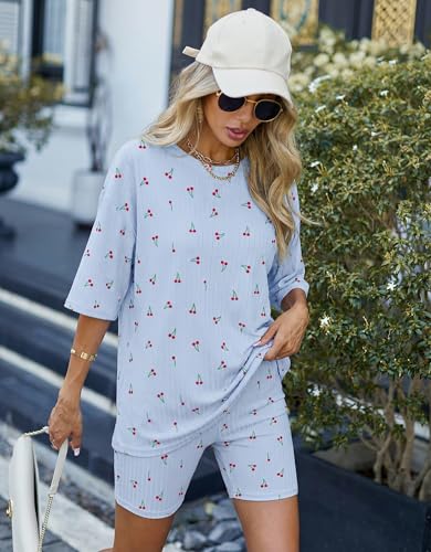 Ekouaer Women 2 Piece Lounge Sets Ribbed Knit Oversized Shirt Biker Shorts - color: Blue Cherry, size: Small