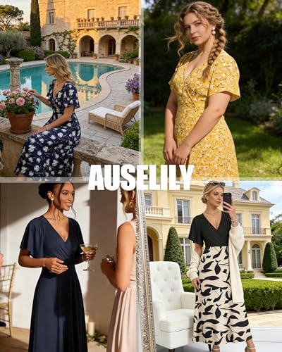 AUSELILY Maxi Dresses Women 2026 Ruffle Sleeve V Neck Summer Wrap Dress - color: Navy Blue, size: Medium