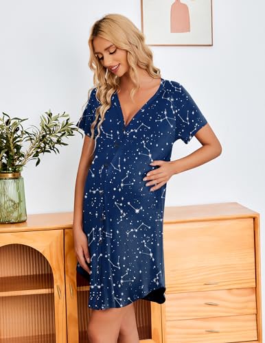 Ekouaer 3 Pack Nightgowns for Women Button Down Night Gowns with Pockets - color: Black/Dark Grey/Navy Star, size: 3X-Large