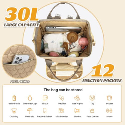 Diaper Bag Backpack with Changing Pad, Large Wide-Open Baby Diaper Bag - color: Khaki