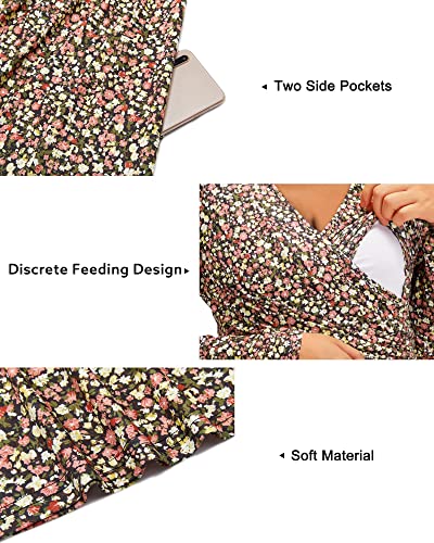 OUGES Women's Nursing Breastfeeding Pocket Fall Baby Shower Maternity Dress - color: Yellow Floral Pink, size: Large