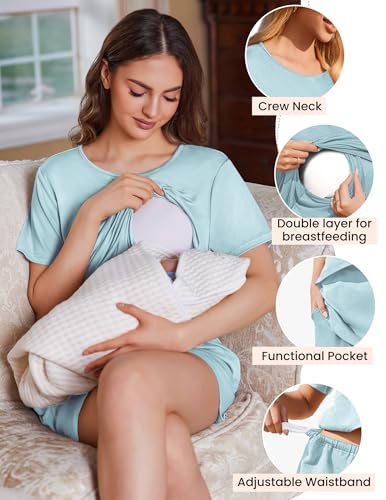 Ekouaer 2 Pack Nursing Pajamas Set Postpartum Outfits for Women - color: Black/Light Blue, size: Small