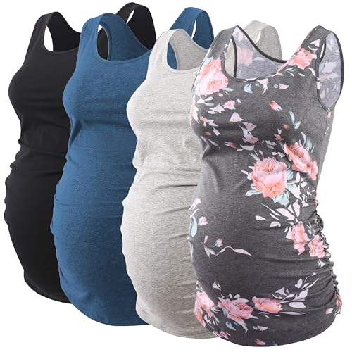 Ecavus 3 Pack Maternity Tank Tops Side Ruched Pregnancy Shirts for Women - color: Black/Grey/Blue/F53, size: Medium