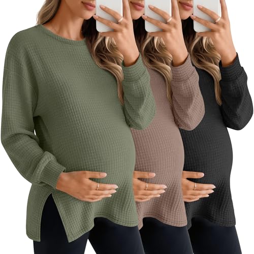 3 Pack Women's Maternity Waffle Knit Shirts - color: Army Green, Coffee, Black, size: Large