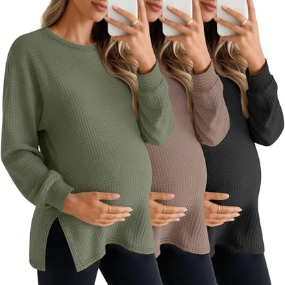 3 Pack Women's Maternity Waffle Knit Shirts - color: Army Green, Coffee, Black, size: Large
