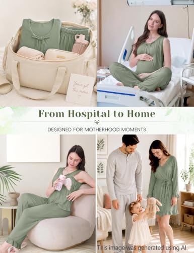SUNNYBUY 3 PCS Ruffle Maternity Nursing Pajamas Set & Robe for Postpartum - color: Sage Green, size: Medium