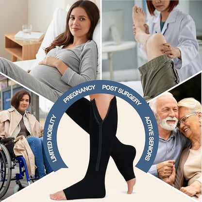 Open Toe Zipper 20-30mmHg Graduated Compression Socks for Men Women Stocking - color: Black, size: Small-Medium