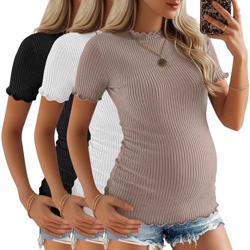 3 Pack Women's Ribbed Maternity Tops - color: Latte, White, Black, size: Large