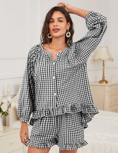 COZYPOIN Womens Gingham Pajama Set 2 Piece 100% Cotton Ruffle Lounge Set - color: Black, size: Small