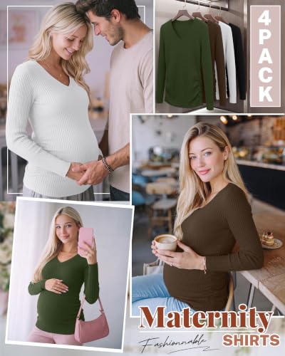 4 Pack Women's Maternity Shirts - color: Army Green, Coffee, White, Black, size: X-Large