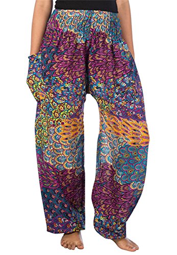 LOFBAZ Harem Boho Pants for Women Yoga S-4XL Plus Hippie Clothing PJ - color: Peacock 1 Purple, size: X-Large
