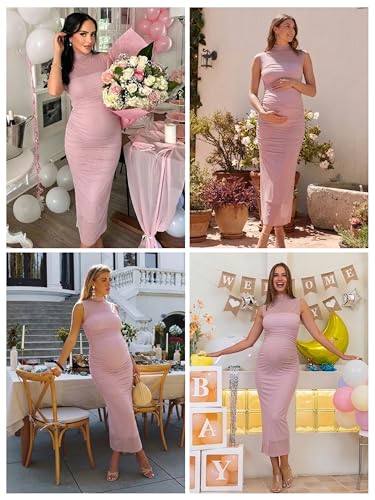 Ecavus Women's Side Ruched Bodycon Maternity Dress for Baby Shower - color: Dusty Pink, size: Medium