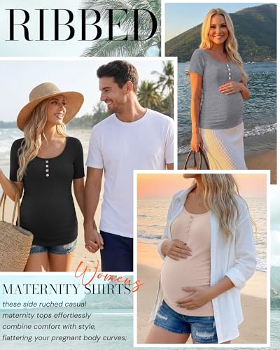 4 Pack Womens Short Sleeve Maternity Shirts - color: Black, Light Gray, White, Dirty Pink, size: Large