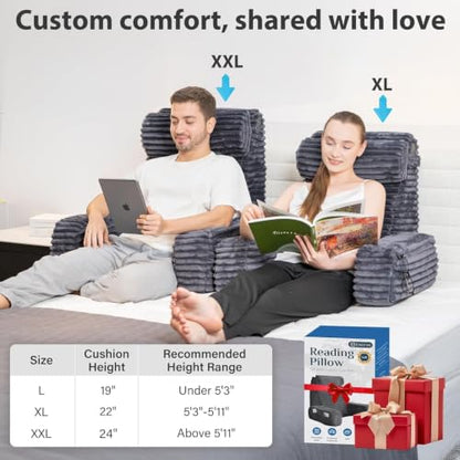 ENITYA 22" XL Back Pillow for Bed Sitting Up with Armrests & Big Pockets - color: Dark Grey, size: XL(5'3"-5'11")