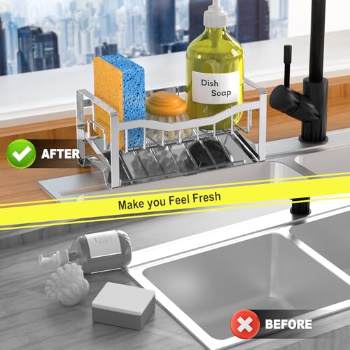Maifan Stainless Steel Kitchen Sink Caddy Organizer with Auto Drain Tray, Sponge Holder for Countertop Storage Silver - color: Silver