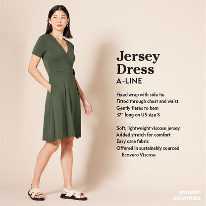 Amazon Essentials Women's Short Sleeve V Neck Faux-Wrap Dress, Fitted - color: Jade, size: Medium