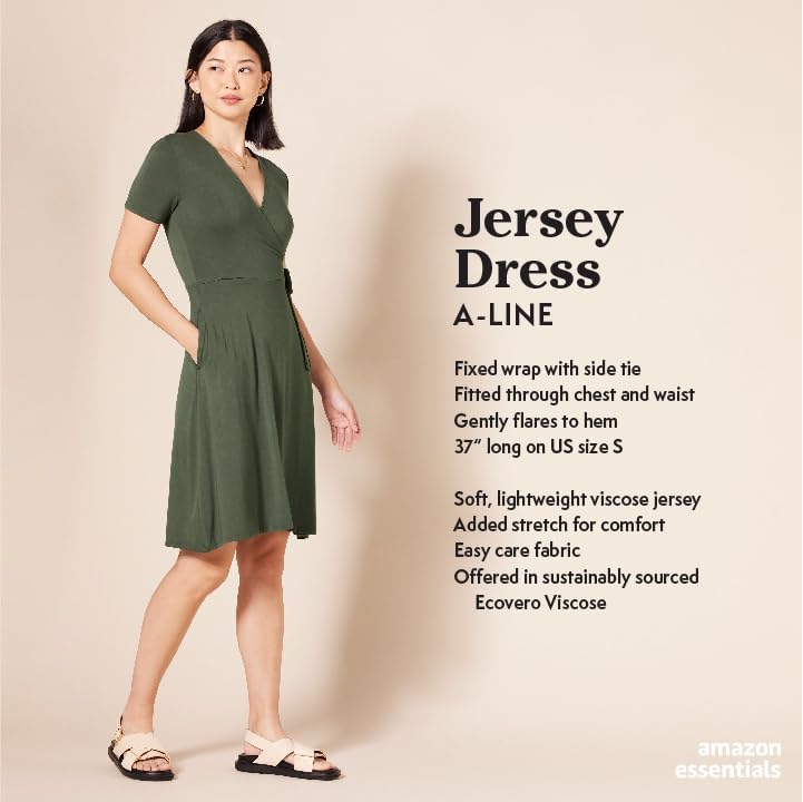 Amazon Essentials Women's Short Sleeve V Neck Faux-Wrap Dress, Fitted - color: Navy, size: X-Small