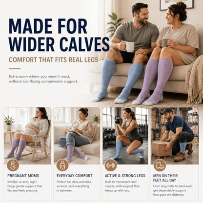 LEVSOX Bamboo Viscose Compression Socks Wide Calf 15-20 mmHg with Cushioned - color: Purple Grey, size: Medium
