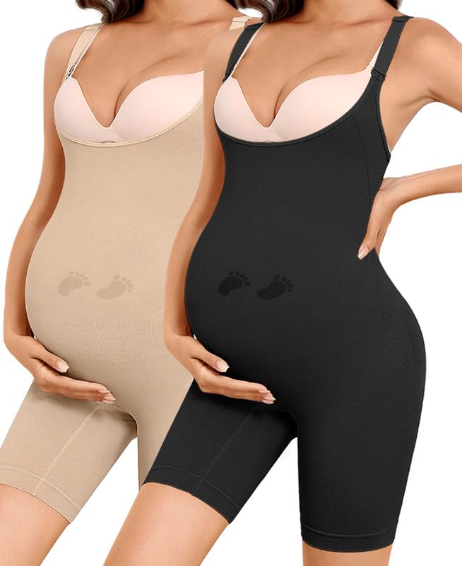 Women's Maternity Bodysuit Seamless Pregnancy Shapewear Shorts Under Dresses Belly Support 1*BLACK+1*NUDE Medium