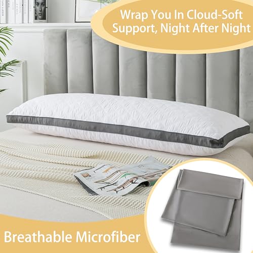WhatsBedding Memory Foam Body Pillow with Cover, Long Bed Pillow for Adults - color: White Pillow+ Grey Pillowcase
