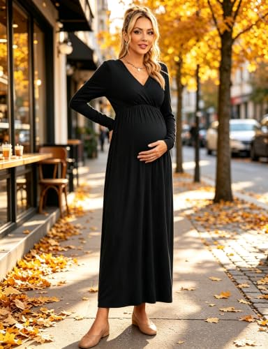 Fall Wrap V Neck Long Sleeve Maternity Maxi Dress Baby Shower - color: Black, size: Large