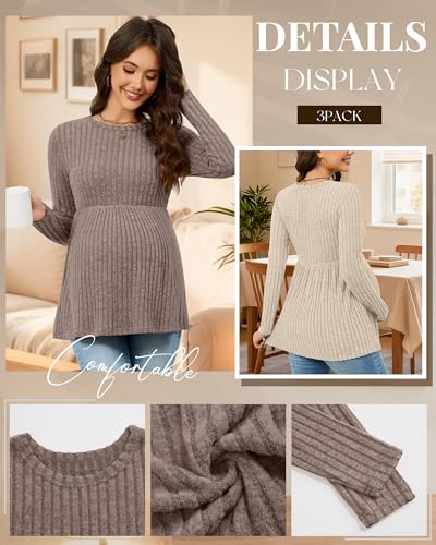 3 Pack Maternity Shirts Long Sleeve Ribbed Sweaters - color: Coffee, Apricot, Black, size: Large