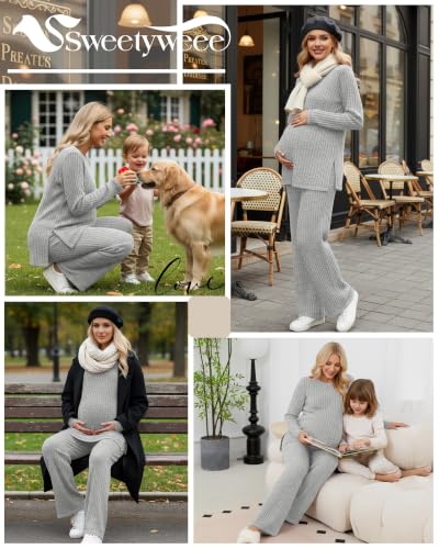 Women's 2 Piece Maternity Ribbed Pajama Outfit - color: Light Gray, size: Large