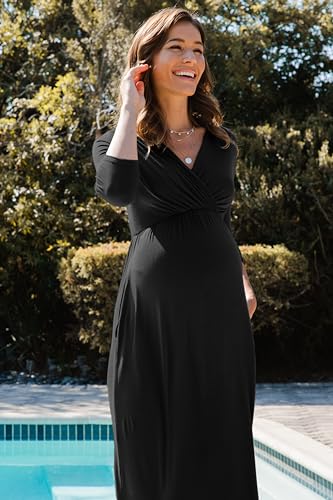 LaClef Women's Wrapped Ruched Maternity Dress with Pocket - color: Black, size: Small